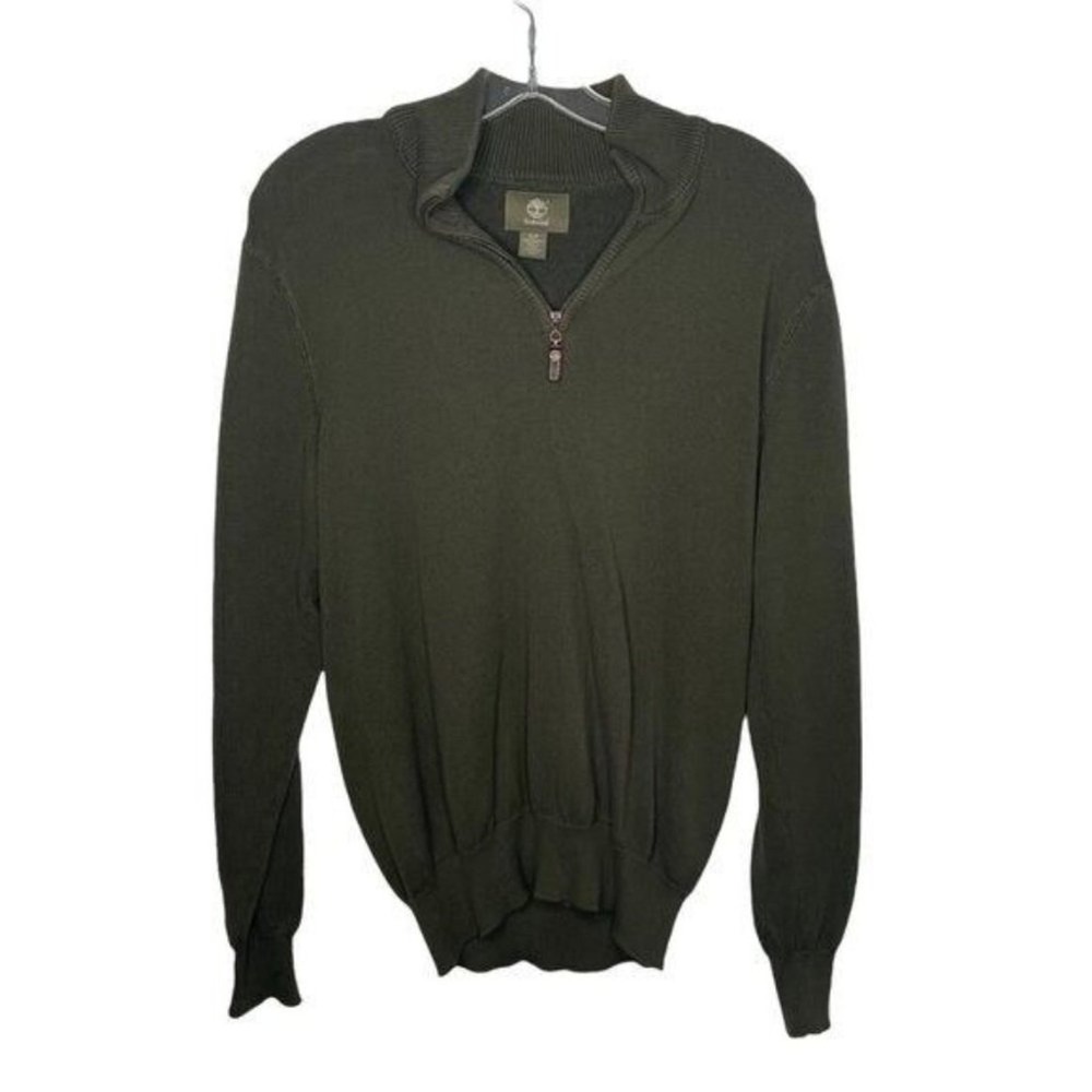 Timberland Mens Quarter Zip Sweater Small Olive Green Cotton Knit Pullover